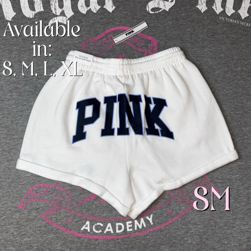 VS PINK Rolled Hem Fleece Shorts Varsity Blue & White Limited Edition Small